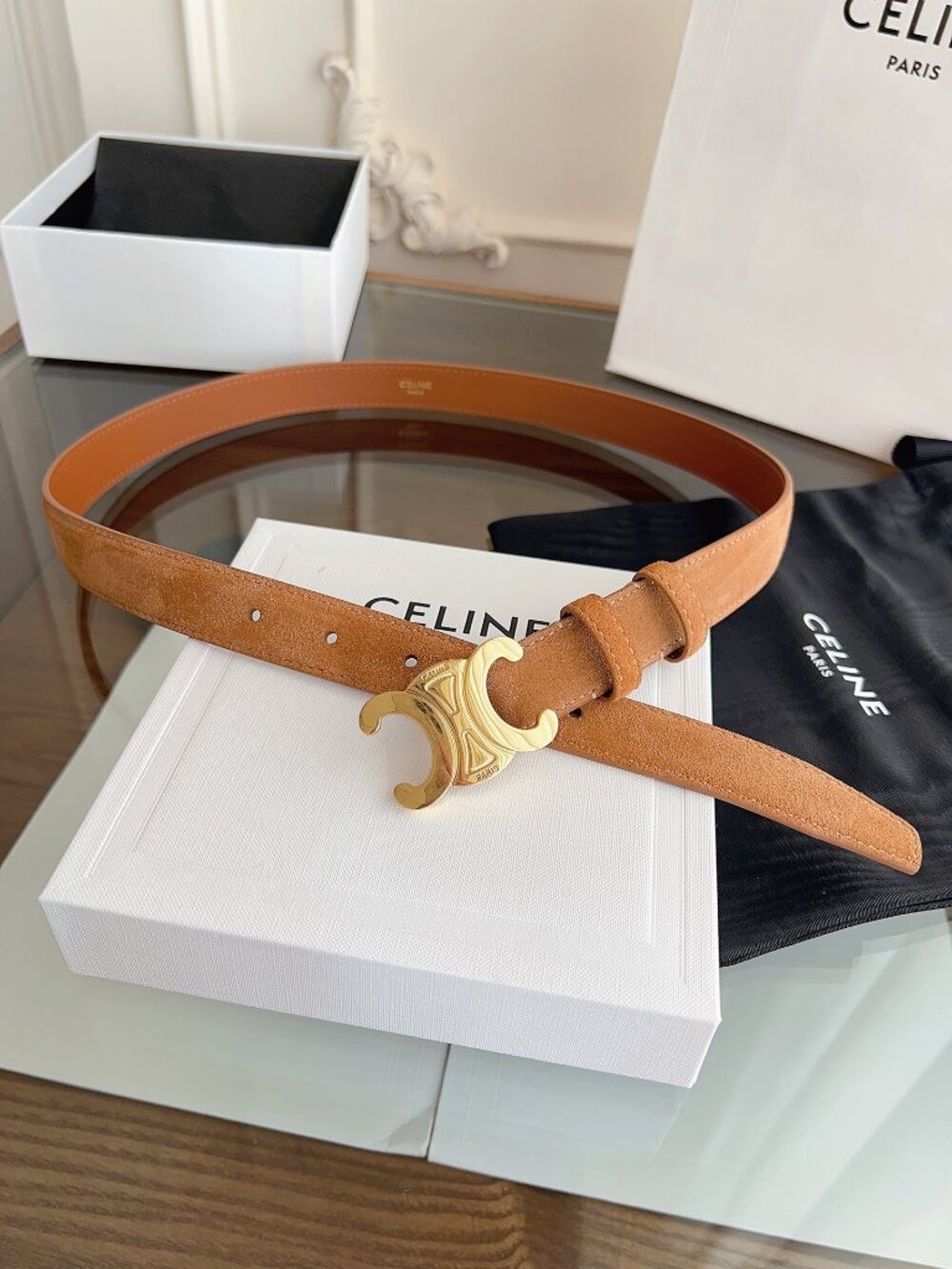 CELINE Triomphe Belt Tan Suede with Gold Buckle
